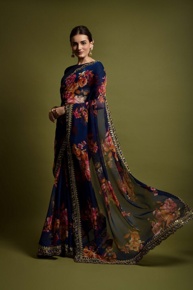 Velley Georgette Flower Print Saree (Nevy Blue)