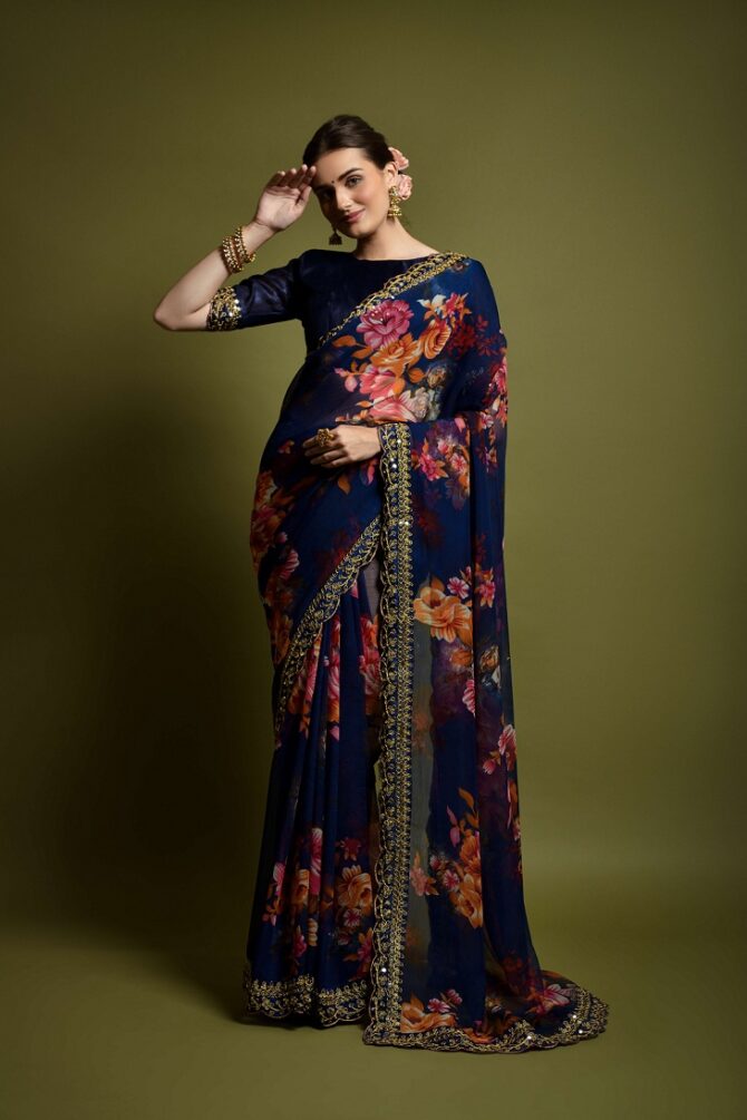 Velley Georgette Flower Print Saree (Nevy Blue)