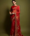 Velley Georgette Flower Print Saree (Red)