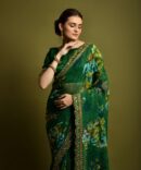 Velley Georgette Flower Print Saree (Green)