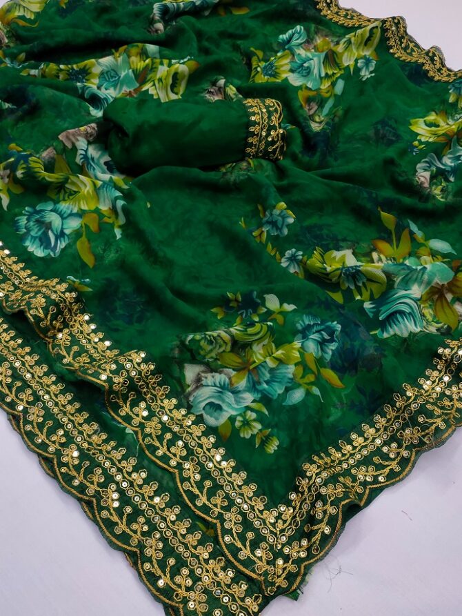 Velley Georgette Flower Print Saree (Green)