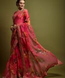 Velley Georgette Flower Print Saree (Pink)