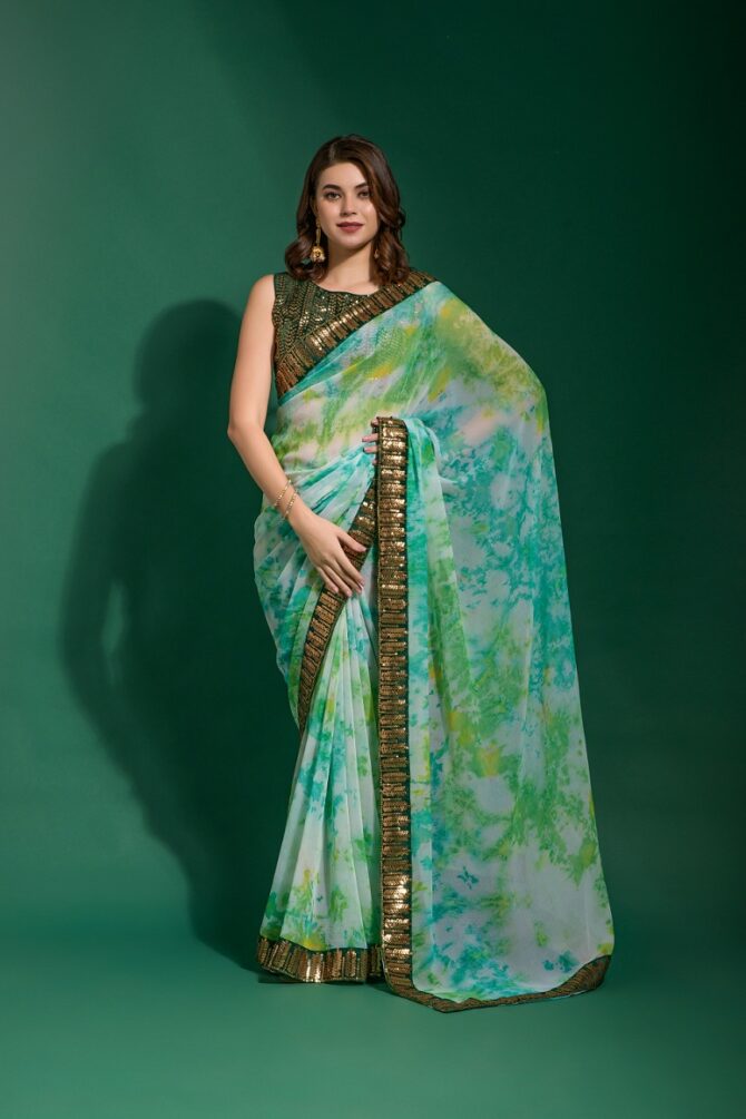 Mansuri Prizam Printed chiffon Saree (Green)