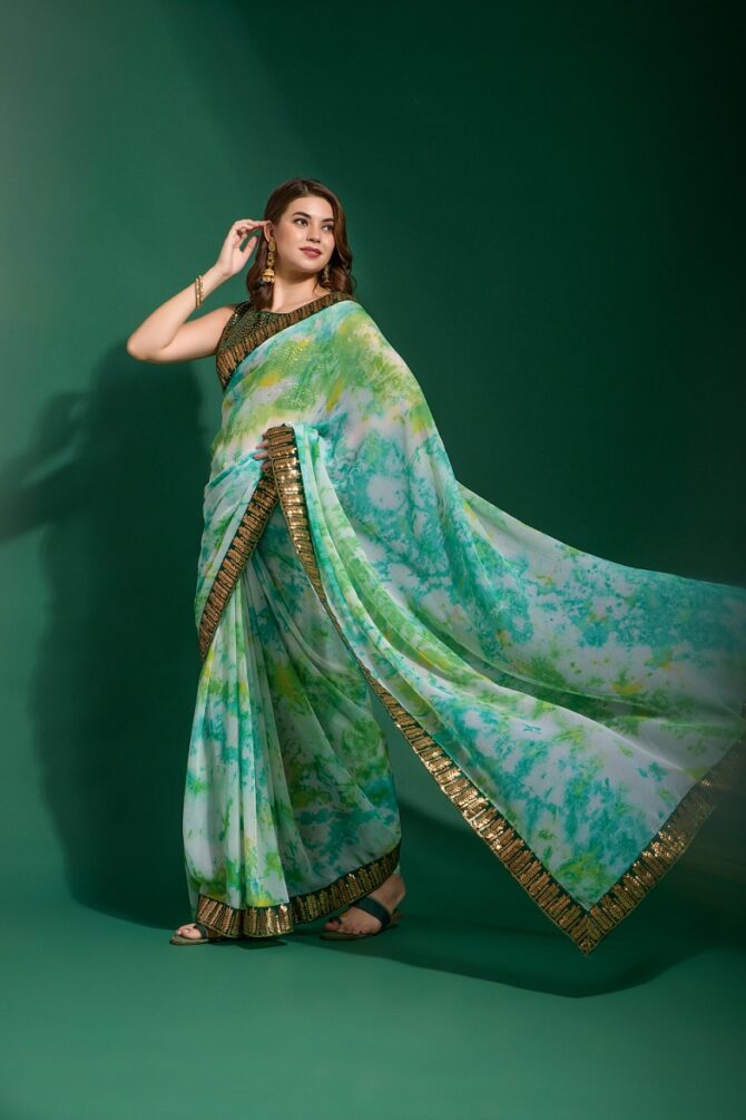 Mansuri Prizam Printed chiffon Saree (Green)