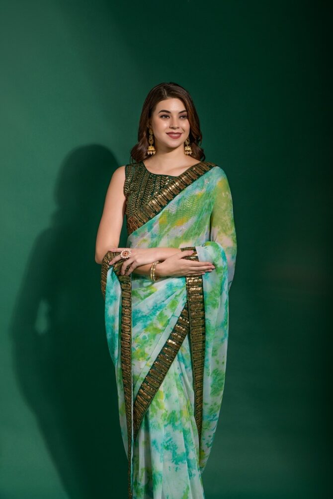 Mansuri Prizam Printed chiffon Saree (Green)