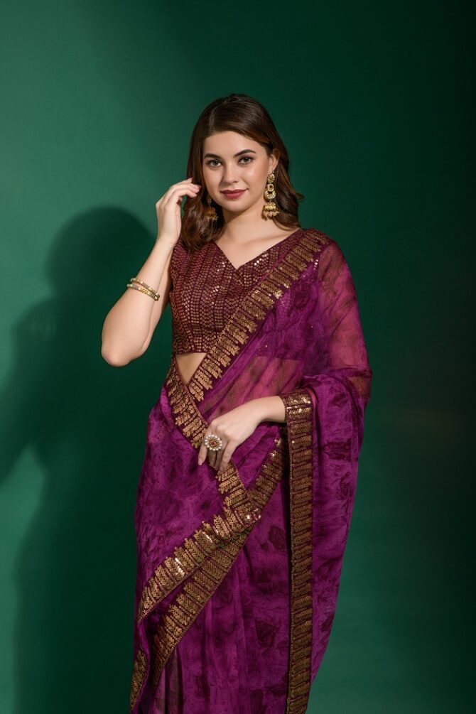 Mansuri Prizam Printed chiffon Saree (Wine)