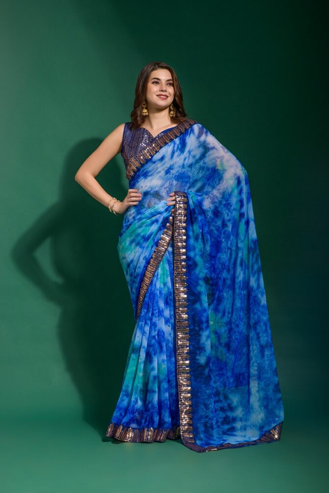 Mansuri Prizam Printed chiffon Saree (Blue)
