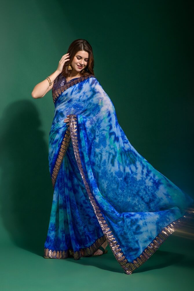 Mansuri Prizam Printed chiffon Saree (Blue)