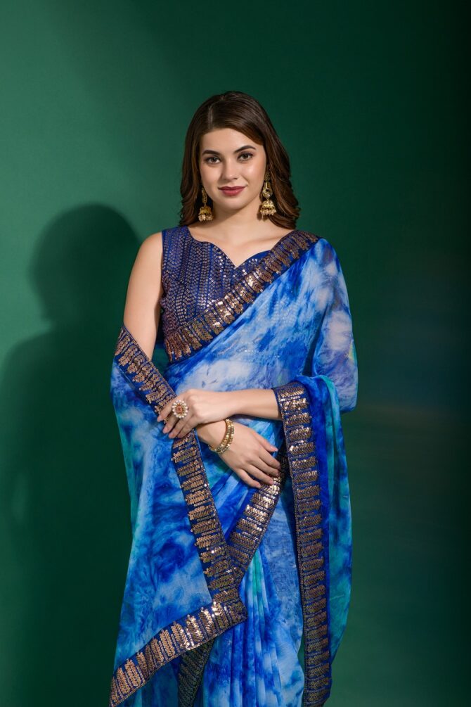 Mansuri Prizam Printed chiffon Saree (Blue)