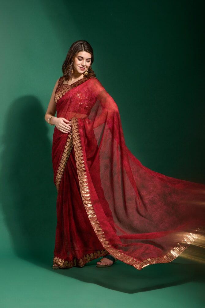 Mansuri Prizam Printed chiffon Saree (Maroon)