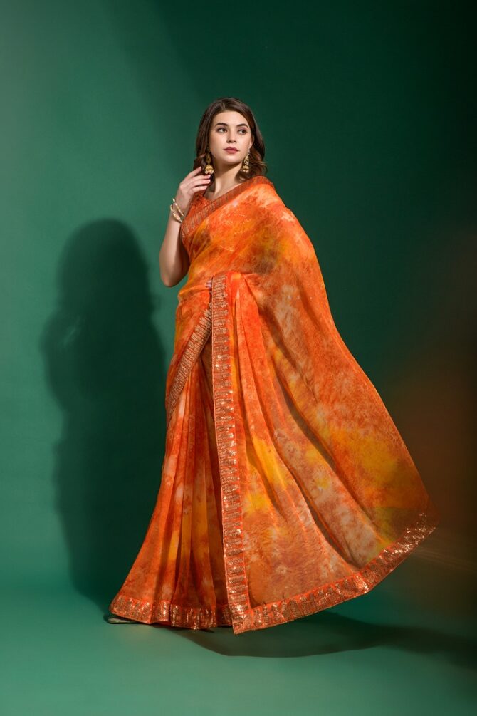 Mansuri Prizam Printed chiffon Saree (Orange)