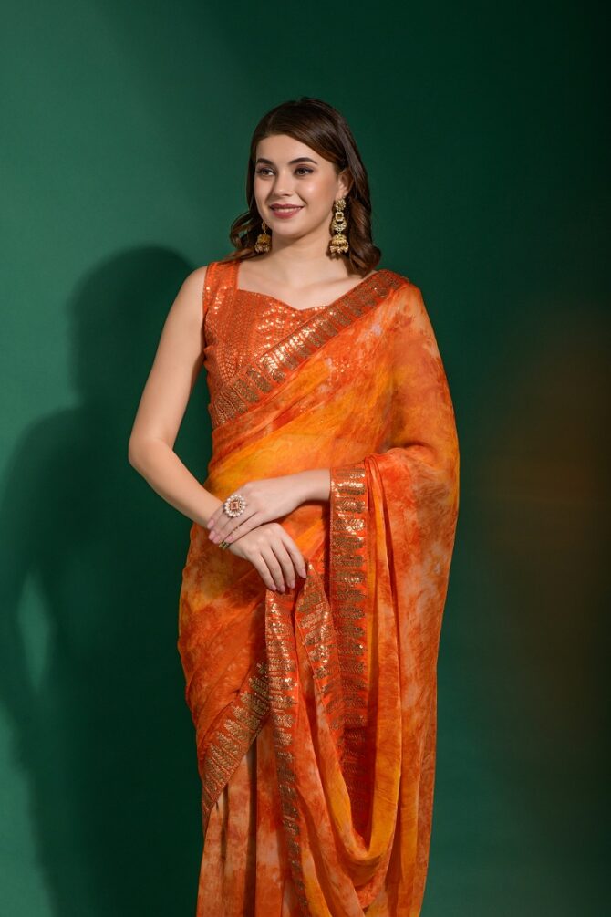 Mansuri Prizam Printed chiffon Saree (Orange)